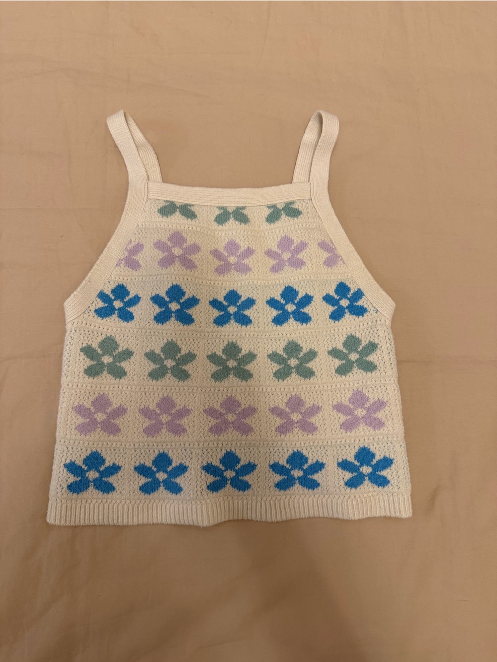 American Eagle Outfitters Cream Sweater with Blue and Light Green Floral Knit